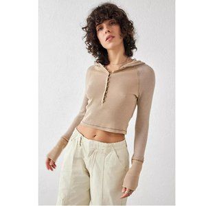 BDG Urban Outfitters Long Sleeved Hooded Henley Blouse Taupe Top S